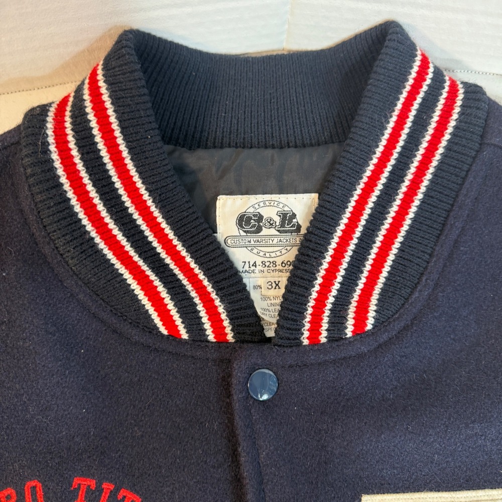 Letterman Jacket 3XL Leather wool Varsity Y2K Patch authentic red blue Wrestling - Picture 15 of 16